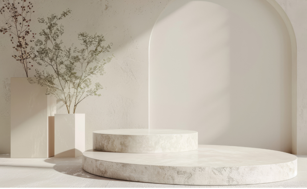 Minimalist aesthetic interior with white circular platform and dried flower arrangement—decorative header image for bookkeeping blog